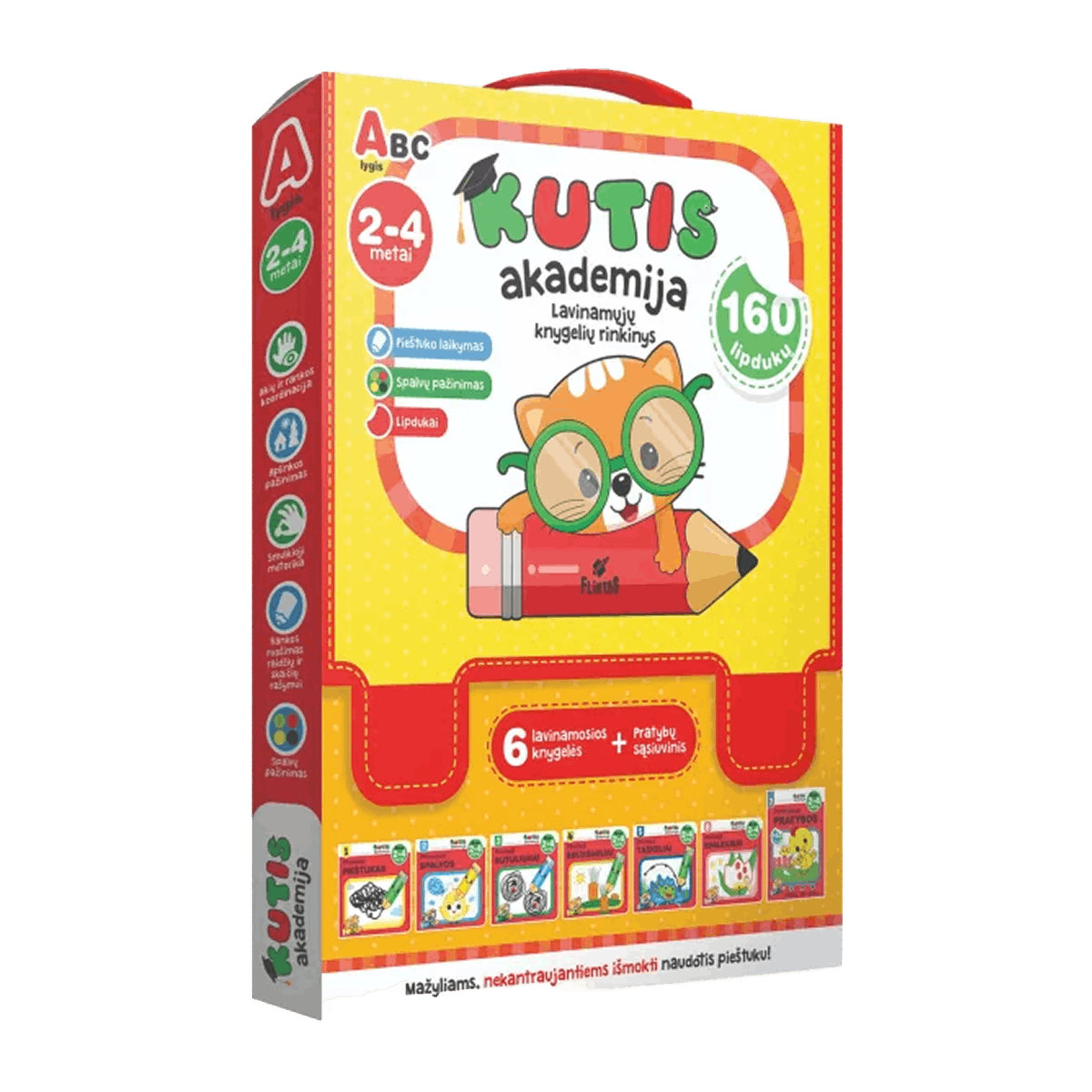 Children's educational book cover with a cat character and colorful design on a white background